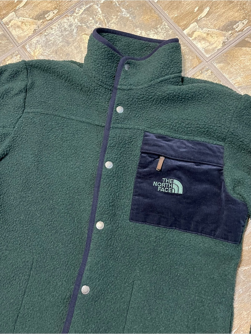 The North Face Sherpa Fleece Jacket Men’s Large Scarab Green Snap Button - Picture 2 of 7